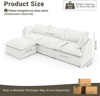 114” Oversized Modular Sectional Sofa, Comfy Down Fill Cloud Couch with Washable Cover, L Shaped 3 Seater Modular Couch with Ottoman, Convertible Sectional Couches for Living Room, Cream White