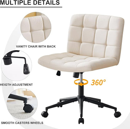 Furnimart Swivel Criss Cross Legged Chair with Wheels for Home Office, Wide Armless Desk Chair Height Adjustable Comfy Seat for Desk,Vanity, Bedroom, Beige