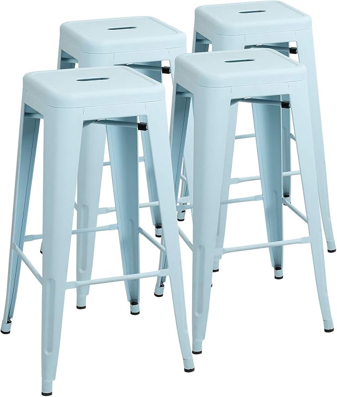 Furniwell 30 Inches Metal Bar Stools High Backless Tolix Indoor-Outdoor Stackable Barstool with Square Counter Seat Set of 4 (Blue)