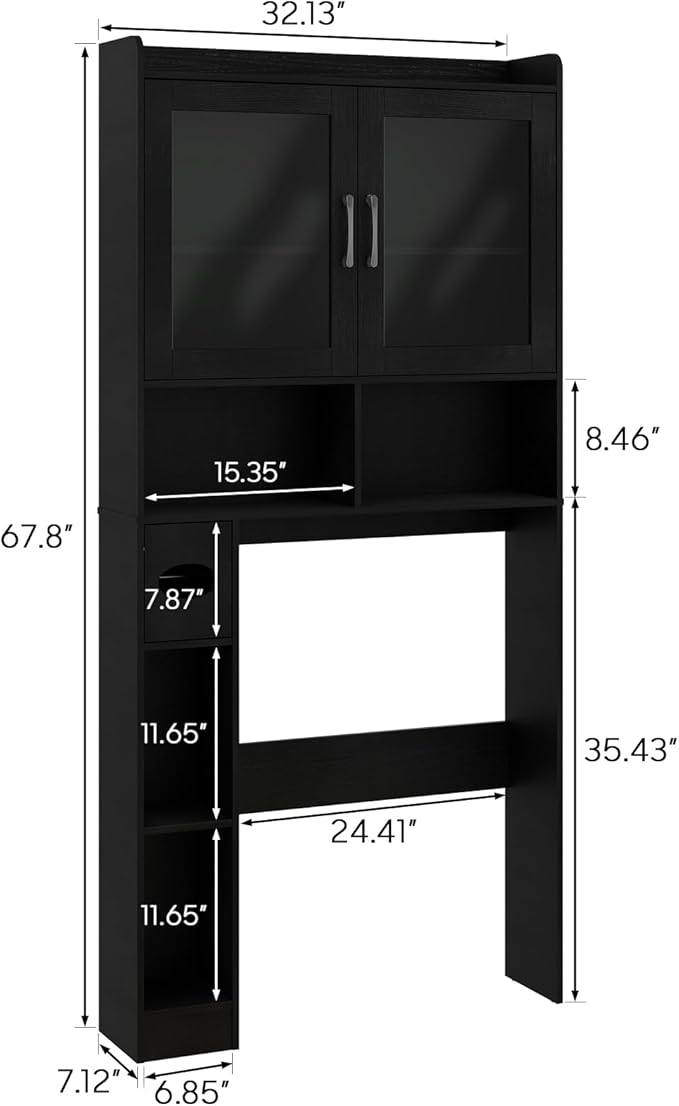 Over-The-Toilet Storage Cabinet, Farmhouse Style with 2 Acrylic Waves Doors, Space-Saving Home Storage Rack for Restroom, Bathroom and Laundry Room.Black.