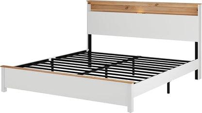 King Bed Frame, Wood Platform Bed Frame with Storage Headboard, Charging Station, Modern Bedframe King Size, 800lbs Capacity, Metal Slat Support, Noise-Free, No Box Spring Needed, White