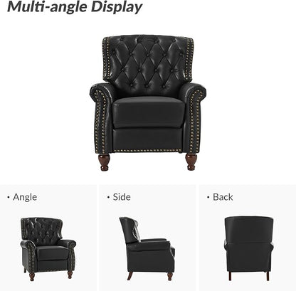 HULALA HOME Genuine Leather Recliner Chair with Solid Wood Feet, Modern Adjustable Tufted Push Back Arm Chair w/Rivet Decoration, Home Theater Seating Single Reclining Sofa for Living Room, Black