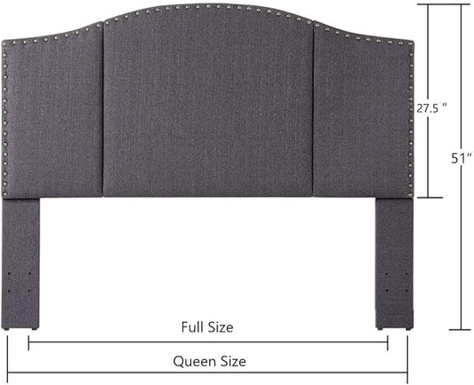 24KF Middle Century Linen Upholstered Tufted Queen Size Headboard with Antique Brass Nails Queen/Full headboard -Dark Gray