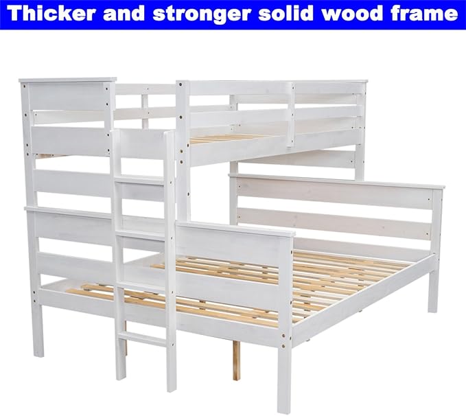 Upgraded Version Thicken Solid Wood Twin XL Over Queen Bunk Bed, Stronger Queen Size Bunk Bed Frame, Convertible into 2 Beds for Adult, Easy to Assemble (White,Twin XL Over Queen)