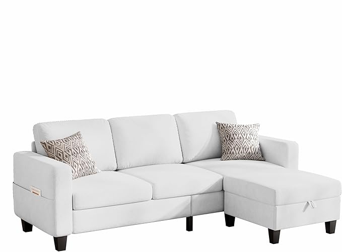 Sectional Sofa and Couches for Living Room, 78'' White 3 Seat L-Shaped Couch with Movable Ottoman, Comfy Velvet Convertible Sectionals Sofas with Chaise for Apartment, Office, Small Space