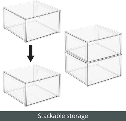 mDesign Plastic Stackable Closet Storage Organizer Bin Containers with Front Pull Drawer for Cabinet, Desk, Shelf, Cupboard, or Dresser Organization - Lumiere Collection - 4 Pack - Clear