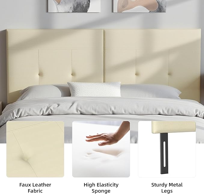 Queen Headboard Only with Adjustable Metal Legs, Faux Leather Upholstered Headboard Queen Size, Modern Stylish Headboard with Sunken Dot Design, Sturdy Bed Headboard for Bedroom, Beige