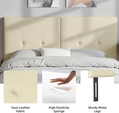Queen Headboard Only with Adjustable Metal Legs, Faux Leather Upholstered Headboard Queen Size, Modern Stylish Headboard with Sunken Dot Design, Sturdy Bed Headboard for Bedroom, Beige