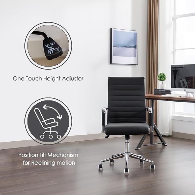 Office Desk Chair Leather, Conference Room Chairs with Wheels, Executive Modern High Back Ergonomic Swivel Rolling Ribbed Computer Chair