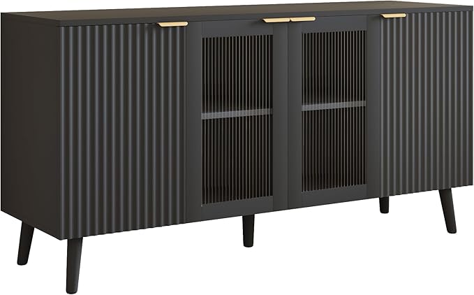 JASIWAY Modern Buffet Cabinet with Storage 55" Fluted Sideboard with 4 Doors Acrylic and Adjustable Shelves Wooden Coffee Bar Cabinet Storage Credenza for Living Room, Dining Room, Kitchen, Black