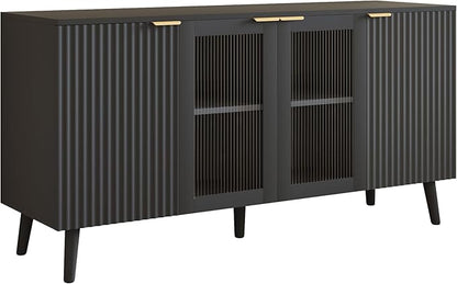 JASIWAY Modern Buffet Cabinet with Storage 55" Fluted Sideboard with 4 Doors Acrylic and Adjustable Shelves Wooden Coffee Bar Cabinet Storage Credenza for Living Room, Dining Room, Kitchen, Black