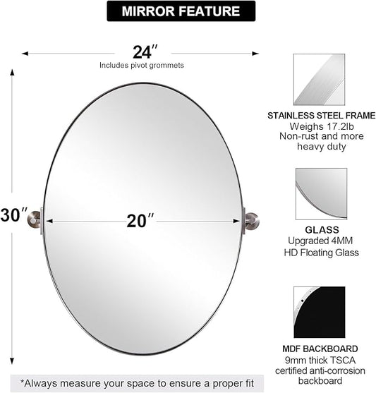ANDY STAR Brushed Nickel Bathroom Mirror, 20 x 30 Inch Oval Pivot Mirror for Wall, Unique Farmhouse Tilt Mirror in Slim Silver Stainless Steel Metal Frame for Bedroom, Powder Room