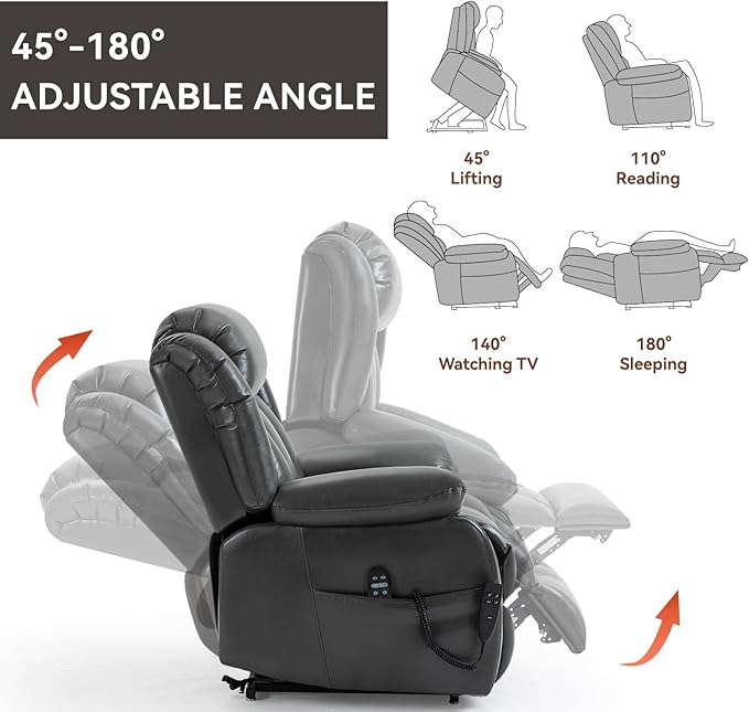 Luxlen Electric Power Lift Recliner Chair with Vibration Massage and Heat, Faux Leather Reclining Chairs for Elderly with Remote Controls, Side Pockets, Big and Tall Recliner, Gray