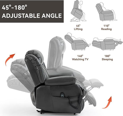 Luxlen Electric Power Lift Recliner Chair with Vibration Massage and Heat, Faux Leather Reclining Chairs for Elderly with Remote Controls, Side Pockets, Big and Tall Recliner, Gray