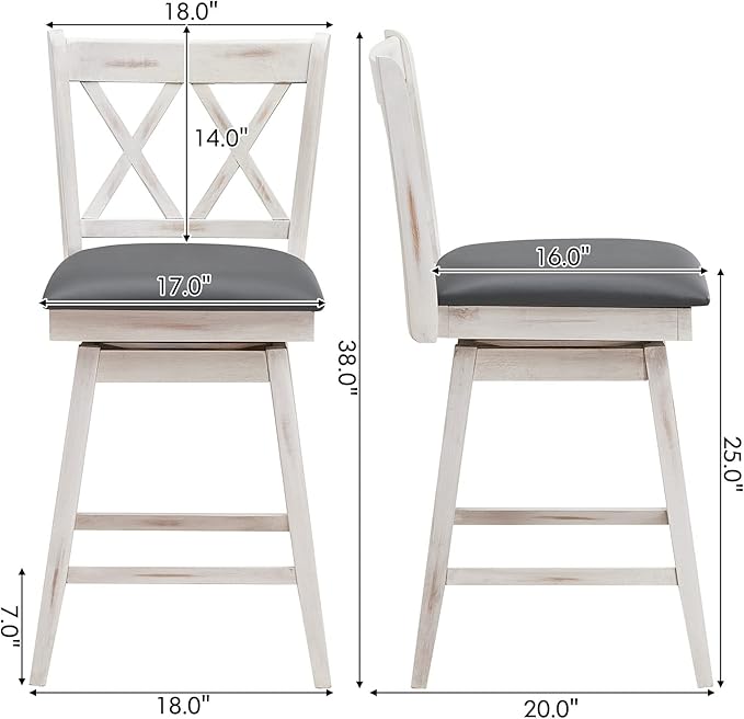 COSTWAY Bar Stool Set of 4, 360 ° Swivel Counter Height 25inch Bar Stool with Foot Rest Upholstered Cushion & Ergonomic Backrest, Sturdy Frame, for Pub, Kitchen Islands (4, Antique White + Grey)