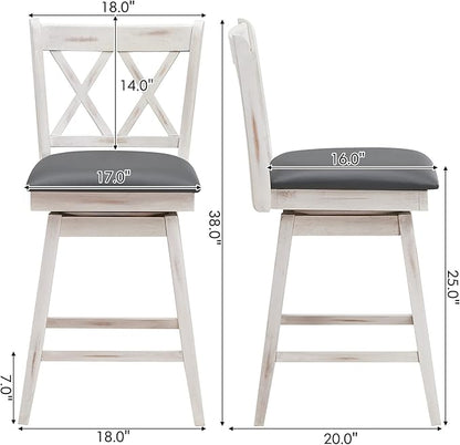 COSTWAY Bar Stool Set of 4, 360 ° Swivel Counter Height 25inch Bar Stool with Foot Rest Upholstered Cushion & Ergonomic Backrest, Sturdy Frame, for Pub, Kitchen Islands (4, Antique White + Grey)