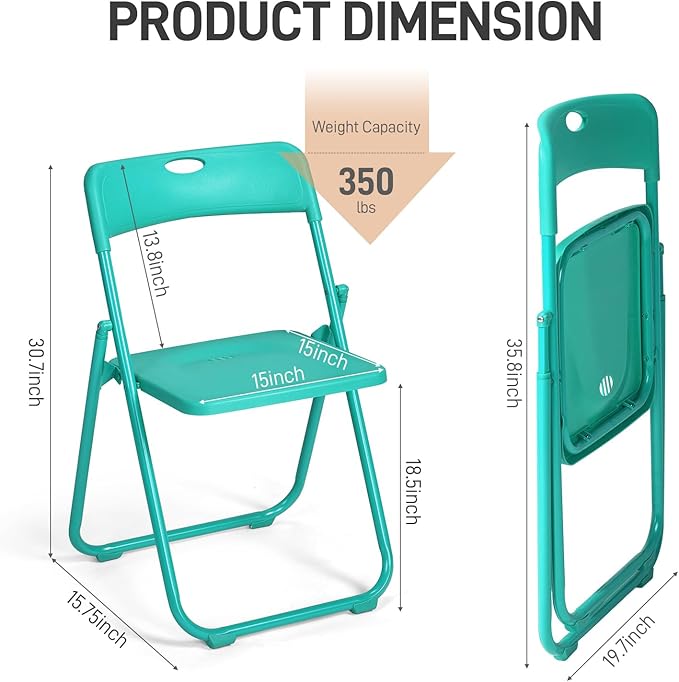 Karl home 4 Pcs Folding Chair, 300LBS Lightweight Foldable Plastic Chair, Reinforced Metal Frame Easy to Fold & Store for Indoor & Outdoor, Wedding, Party, Meeting Room, Patio and Garden, Mint Green