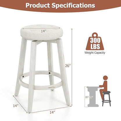 COSTWAY 360° Swivel Bar Stools Set of 4, 30-inch Height Vintage Upholstered Rubberwood Backless Bar Chairs with Footrest, Retro Kitchen Counter Stools for Kitchen Island Dining Room Home Bar, White