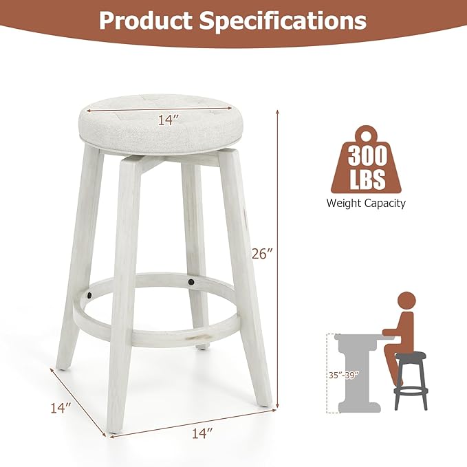 COSTWAY 360° Swivel Bar Stools Set of 2, 26-inch Height Vintage Upholstered Rubberwood Backless Bar Chairs with Footrest, Retro Kitchen Counter Stools for Kitchen Island Dining Room Home Bar, White