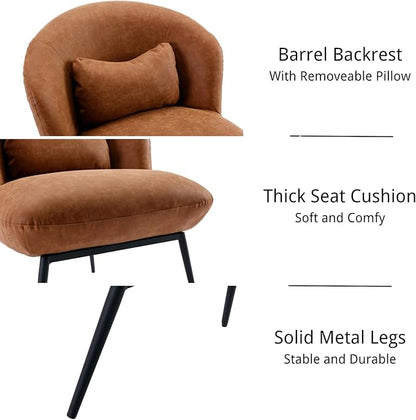 HEAH-YO Modern Accent Chairs Set of 2, Living Room Chairs with Barrel Backrests, Upholstered PU Faux Leather Armless Chairs for Bedroom, Brown