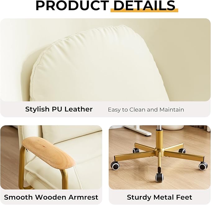 Furniliving Leather Home Office Desk Chairs，Comfy Office Chair, Adjustable Swivel Computer Chair with Golden Legs and Wooden Padded Armrest, Modern Upholstered Task Chair with Wheels,Beige