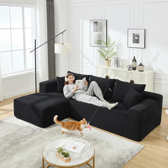 PELUMY 108.7" L-Shaped Modular Sectional Sofa with Oversized Chaise, Cloud Couch with Memory Foam, No Assembly Required Sleeper Sofa for Small Space Living Room, Apartment (Black, Corduroy)