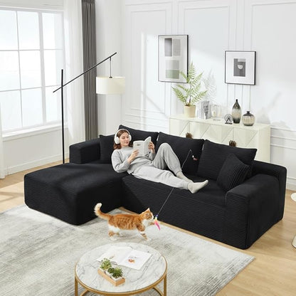 PELUMY 108.7" L-Shaped Modular Sectional Sofa with Oversized Chaise, Cloud Couch with Memory Foam, No Assembly Required Sleeper Sofa for Small Space Living Room, Apartment (Black, Corduroy)
