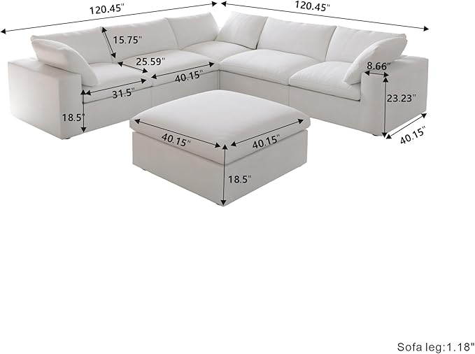 Cloud Modular Sectional Sofa for Livingroom,Large Down Filled Comfort Corner Sectional Sofa Couch with Ottoman,Wide Deep Seat Convertible Couches for Office Apartment,V Shaped,White