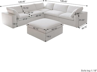 Cloud Modular Sectional Sofa for Livingroom,Large Down Filled Comfort Corner Sectional Sofa Couch with Ottoman,Wide Deep Seat Convertible Couches for Office Apartment,V Shaped,White