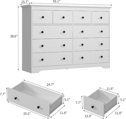 LYNSOM Modern 10 Drawer Dresser, 55.1" Wide Dressers & Chests of Drawers with Large Capacity Storage, Mid Century White Dresser for Bedroom, Hallway, White