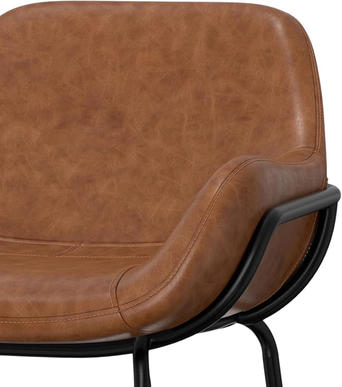 SIMPLIHOME Mira Bar Stools (Set of 2) - 30 inch Seat Height Upholstered Metal Bar Chairs in Distressed Tan Vegan Faux Leather, Contemporary Seating for Kitchen with Curved Cushioned Seat and Armrests