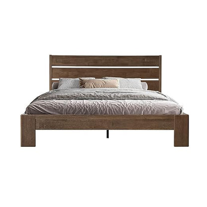 Queen Size Bed Frame with Headboard & Footboard, Solid Wood Platform Bed, Metal Legs, 12 Durable Slatted Structure, No Box Spring Needed, Anti-Slip & Noise-Free, Easy Assembly, Barnwood Finish, QIQ-30