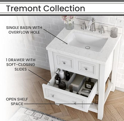 Hanover Tremont 24'' Vanity Cabinet with Sink Combo for Bathroom, Powder Room | Pre-Assembled Cabinet | 1 Drawer, Bottom Shelf | Artificial Stone Countertop | White Cabinet | HANVN0107-24-1WH