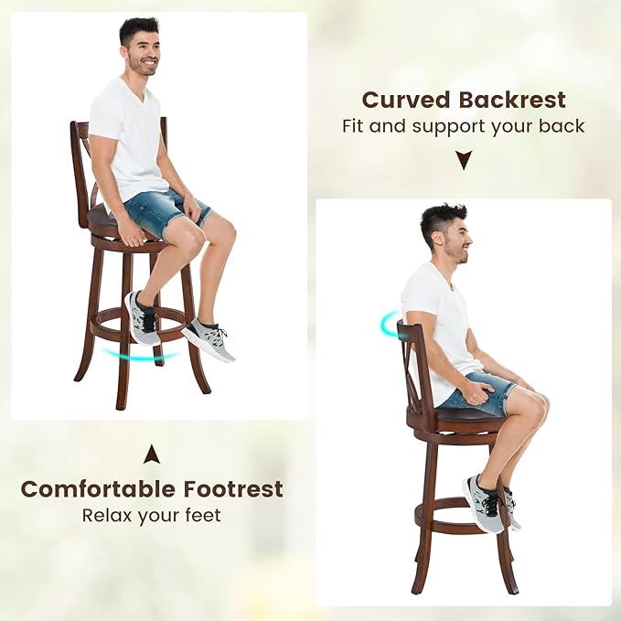 COSTWAY Bar Stools Set of 4, 360° Swivel Chairs with Rubber Wood Frame, 30-Inch PU Leather Cushioned Seat and Footrests, for Kitchen Island, Dining Room, Bar (Brown-30 inches, 4 stools)