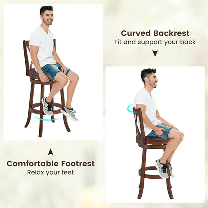 COSTWAY Bar Stools Set of 2, 360° Swivel Chairs with Rubber Wood Frame, 30-Inch PU Leather Cushioned Seat and Footrests, for Kitchen Island, Dining Room, Bar (Brown-30 inches, 2 stools)