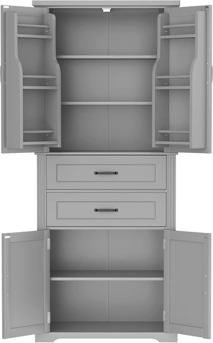 Tall Storage Cabinet, Bathroom Floor Freestanding Storage Cabinet with 2 Doors, Adjustable Shelf, and 2 Drawers for Bathroom, Office, Living Room, MDF Board, Grey