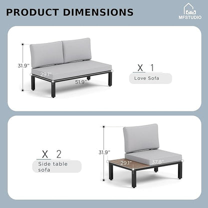 MFSTUDIO 3 Pieces Patio Furniture Set,Outdoor Metal Frame Patio Sectional Sofa Conversation Set with Removable Cushion for Backyard,Garden,Poolside