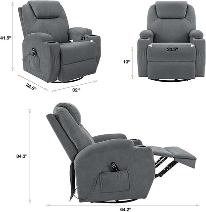 Flamaker Rocking Chair Recliner Chair with Massage Swivel Ergonomic Lounge Chair Classic Single Sofa with 2 Cup Holders Side Pockets Living Room Chair Home Theater Seat (Gray)