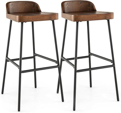 COSTWAY Bar Stool Set of 2, 29'' Industrial Pub Stool with Low Backrest and Footrest, Metal Legs, Breakfast Counter Height Chair for Island Living Room Kitchen Bar, Rustic Brown & Black