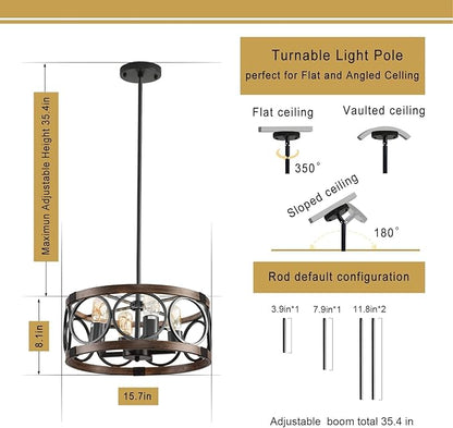 Light Fixture Ceiling Mount Kitchen 4 Light Semi Flush Mount Ceiling Light Fixture Black Rustic Farmhouse Chandelier for Dining Room Light Fixture with Adjustable Height