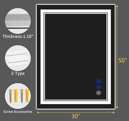 50"x30" LED Bathroom Mirror with Anti-Fog, Stepless Dimmable Lights, 3 Color Modes, Shatter-Proof Tempered Glass, Memory Function & Waterproof Design