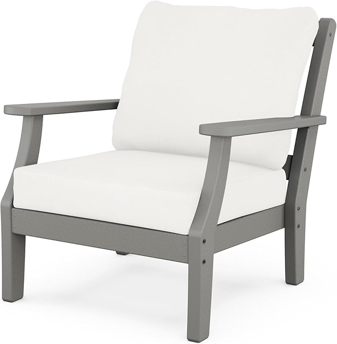Martha Stewart by POLYWOOD Chinoiserie Outdoor Deep Seating Chair with Cushion, Slate Grey/Natural Linen, Durable and Comfortable HDPE All-Weather Patio Furniture for Deck, Backyard, Made in The USA