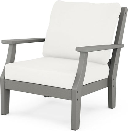 Martha Stewart by POLYWOOD Chinoiserie Outdoor Deep Seating Chair with Cushion, Slate Grey/Natural Linen, Durable and Comfortable HDPE All-Weather Patio Furniture for Deck, Backyard, Made in The USA