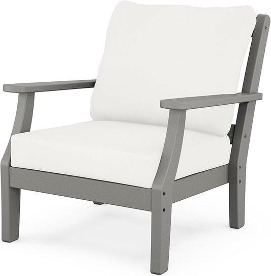 Martha Stewart by POLYWOOD Chinoiserie Outdoor Deep Seating Chair with Cushion, Slate Grey/Natural Linen, Durable and Comfortable HDPE All-Weather Patio Furniture for Deck, Backyard, Made in The USA