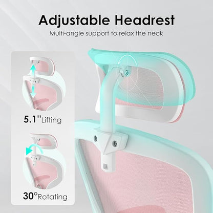Farini Ergonomic Office Chair, Home Office Desk Chair with Headrest, High Back Computer Chair with Armrests and Adjustable Lumbar Support for Home Office Study Room, White & Pink