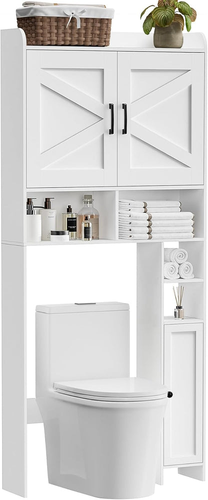 Homhedy Over The Toilet Storage Cabinet with 2 Barn Door and Toilet Paper Holder Stand, FreeStanding Toilet Shelf Space Saver, for Bathroom, Restroom, Laundry, White