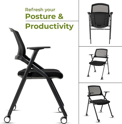 Home Office Chair Set of 4 Adjustable Armrest Ergonomic Mid-Back Breathable Mesh Foldable Conference Reception Chairs for School Waiting Room Small Space
