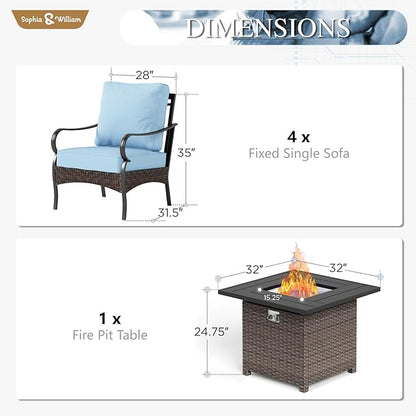 Sophia & William Patio Furniture Set with Fire Pit Table, 5 PCS Metal Outdoor Conversation Set Sofa Couch with Fire Pit Table, 4 Sofa Chairs for Outdoor Seating,Backyard,Porch(Blue)