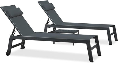 PURPLE LEAF Outdoor Lounge Chair Set of 3 Patio Chaise Pool Lounger Aluminum Frame with Side Table and Wheels for Outside Sunbathing Tanning Recliner Including Pillows Gray