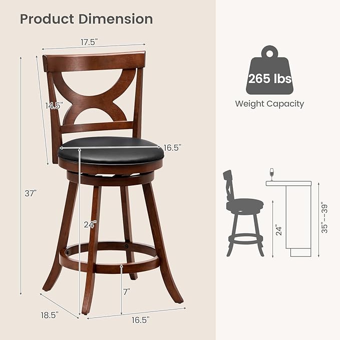 COSTWAY Bar Stools Set of 2, 24'' 360-Degree Swivel Chairs with Soft Cushion & Elegant Hollow Backrest, Rubber Wood Footrests, Upholstered Swivel Counter Stools for Kitchen Island, Pub, Café (2, 24‘’)